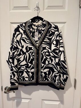 LOFT Black & White Abstract Print Button-Front Jacket with Trim